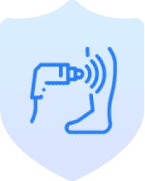 Drill and foot icon on shield.