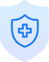 Blue medical cross on shield icon.